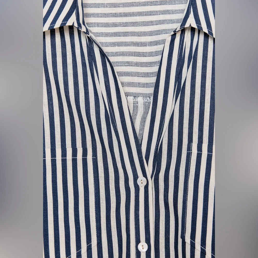 ZARA LINEN BLEND CROPPED SHIRT BLUE WHITE STRIPED MEDIUM V-NECK RESORT VACATION - Picture 8 of 9